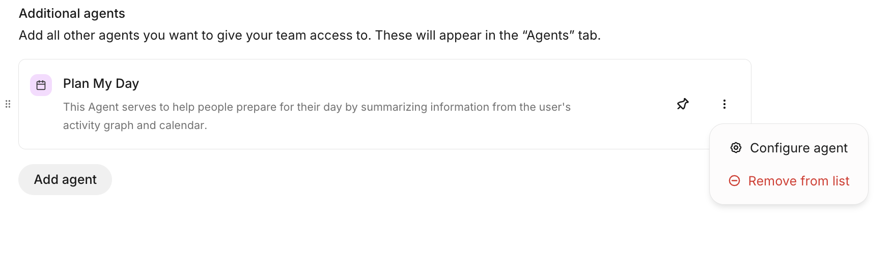 Additional agent menu with the Remove from list option