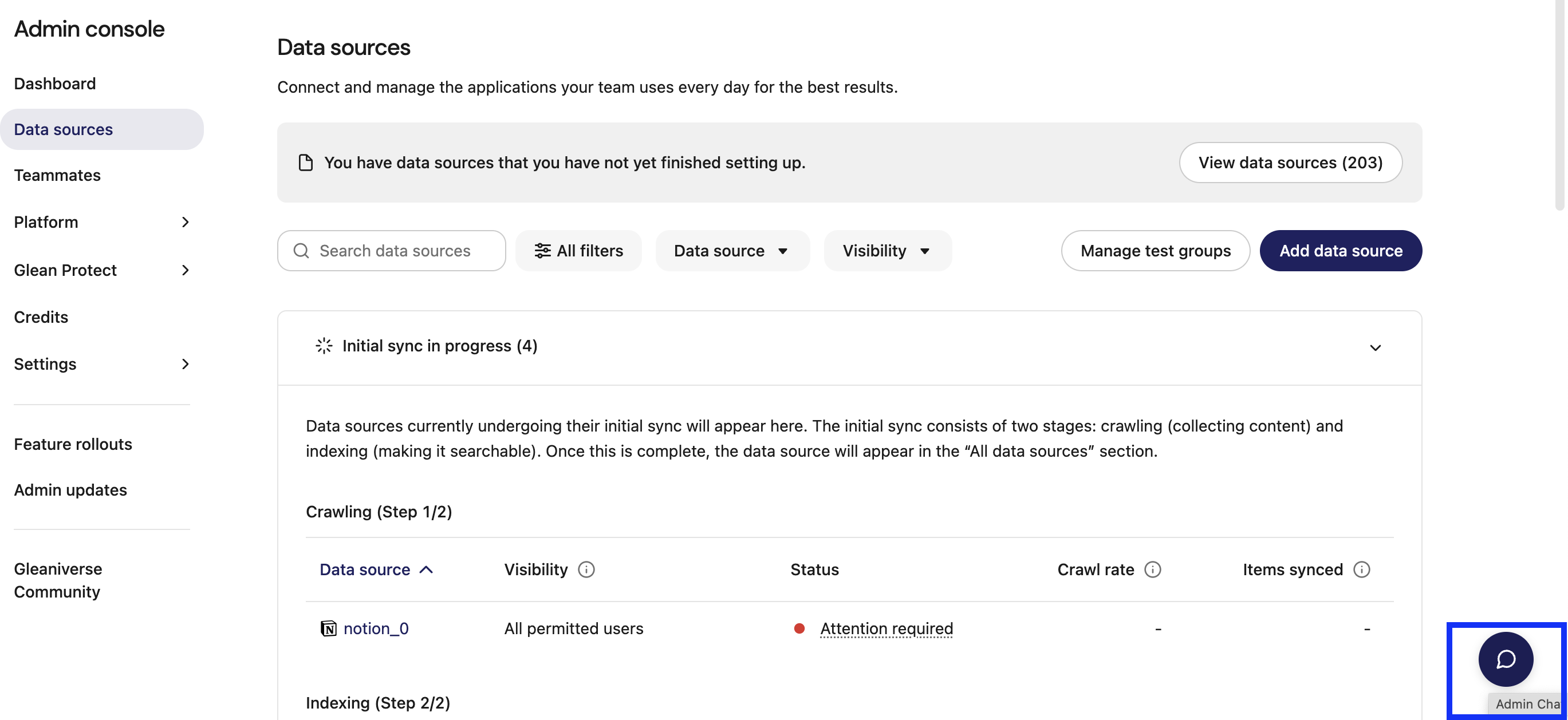 Admin Chat button in the bottom-right corner