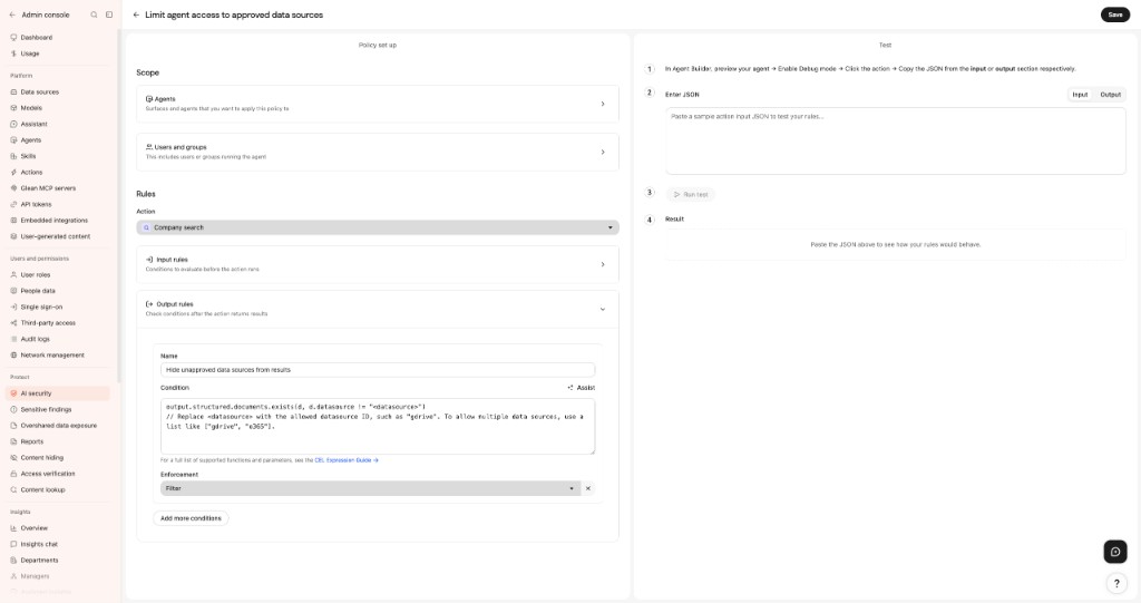 Agent access policy creation page showing Scope, Rules, and the Test panel