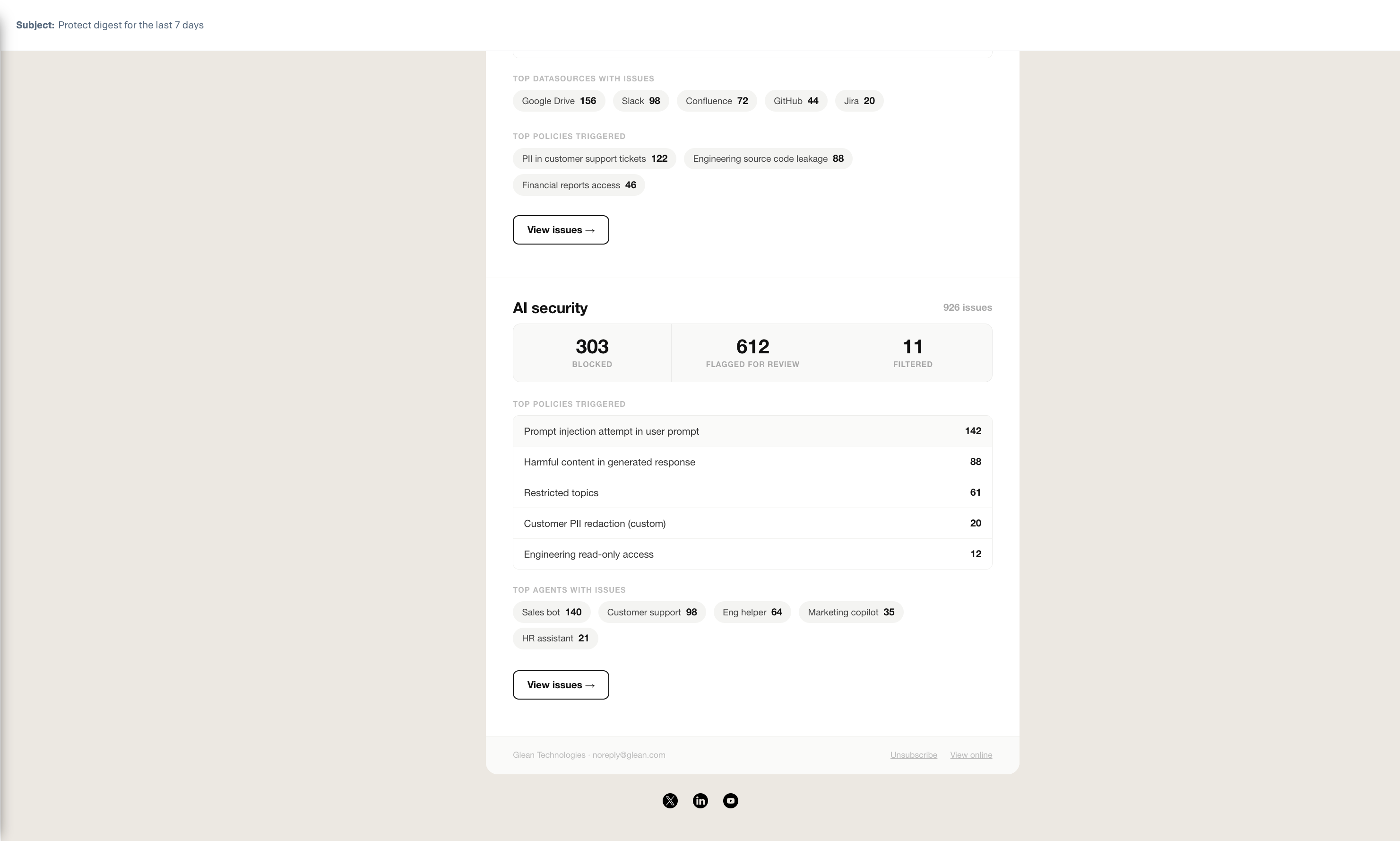 Protect digest email showing the AI Security summary, top policies and agents, and links to view issues