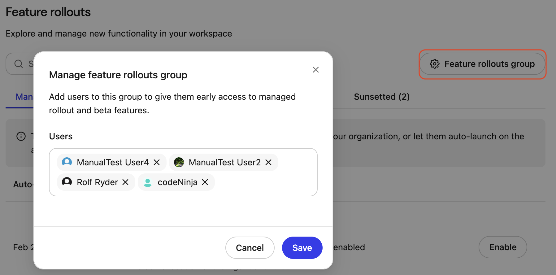 The Feature rollouts page showing the Manage feature rollouts group box, where admins specify which users receive early access.