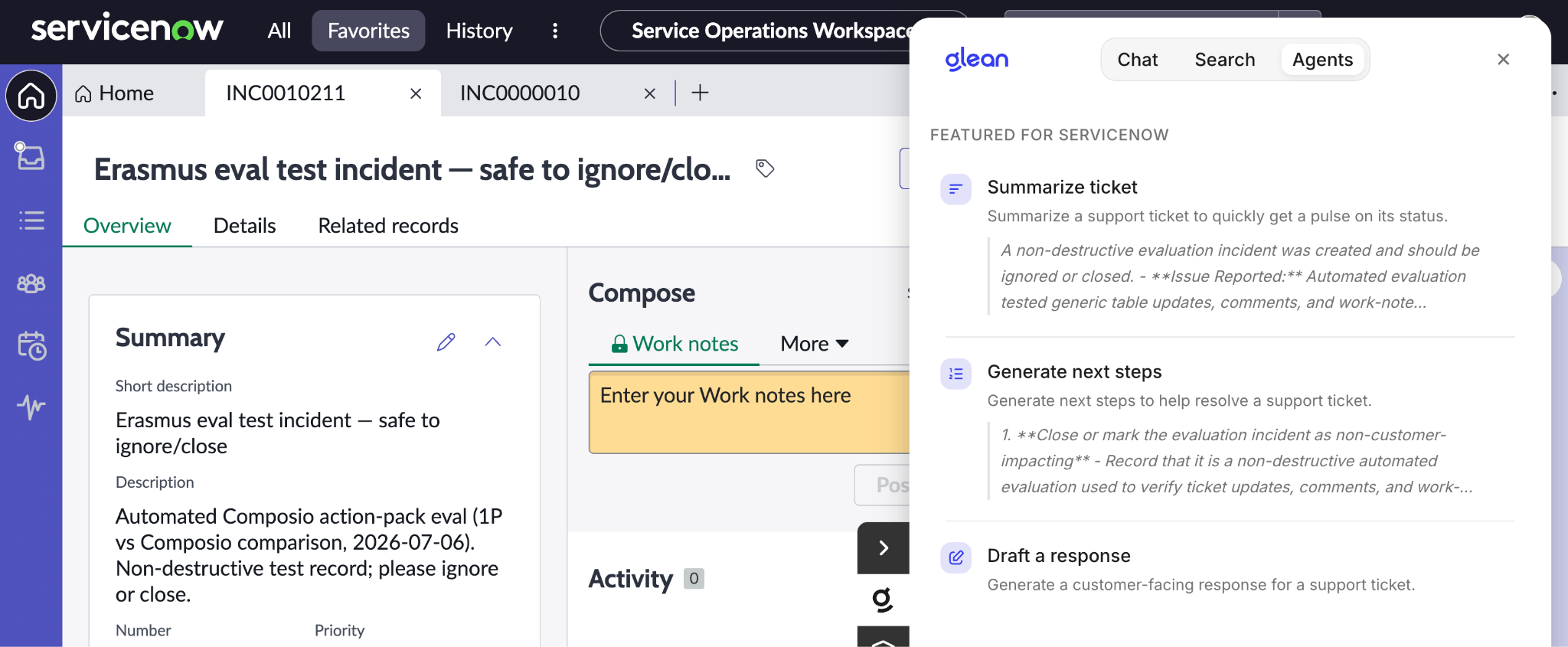 The Glean browser extension sidebar open on a ServiceNow incident page, showing the three out-of-the-box agents.