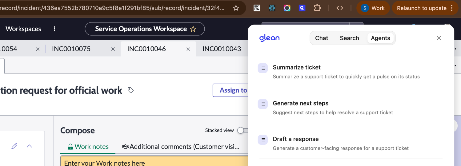 The Glean browser extension sidebar open on a ServiceNow incident page, showing the Agents tab with available support agents.