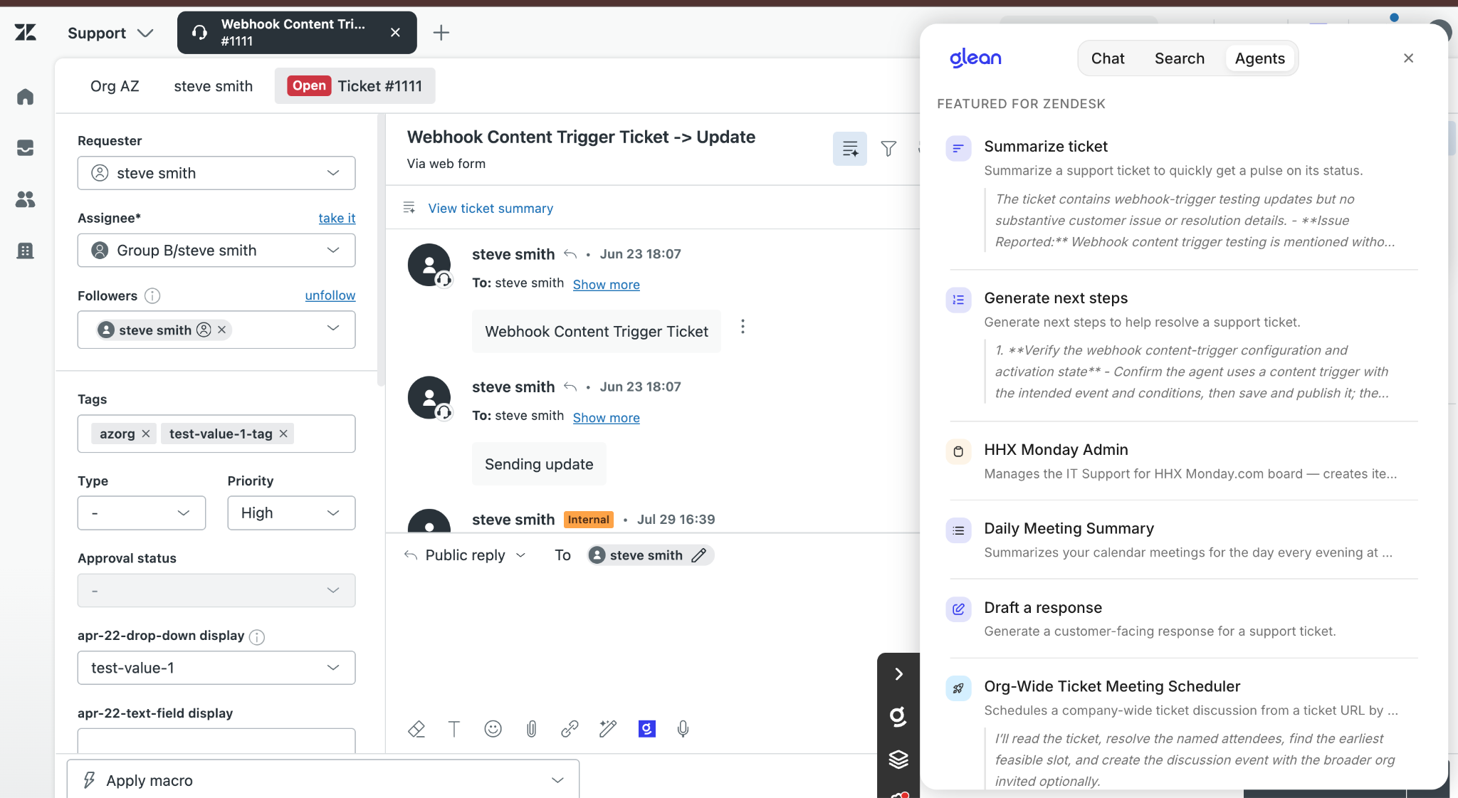Glean browser extension Agents tab on a Zendesk ticket page with support and company agents