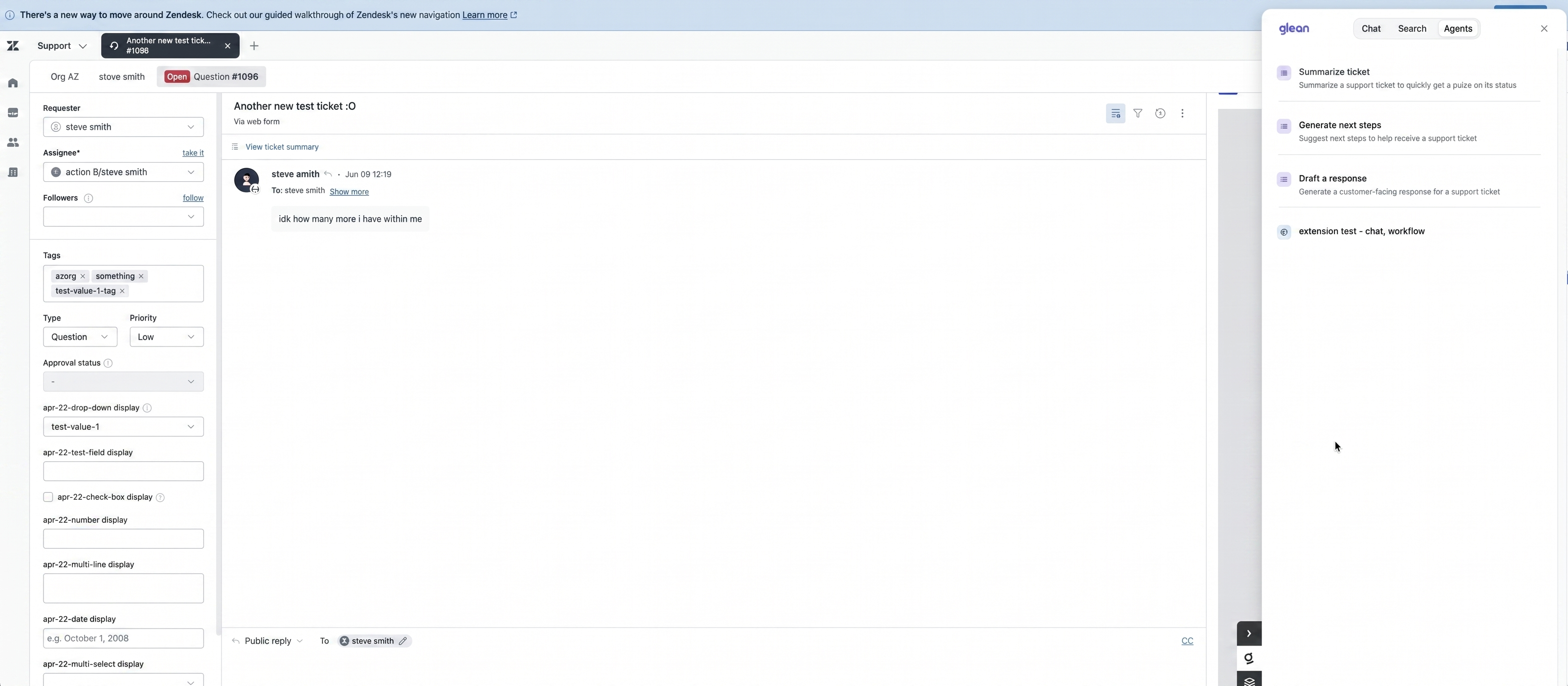 Glean browser extension Agents tab on a Zendesk ticket page