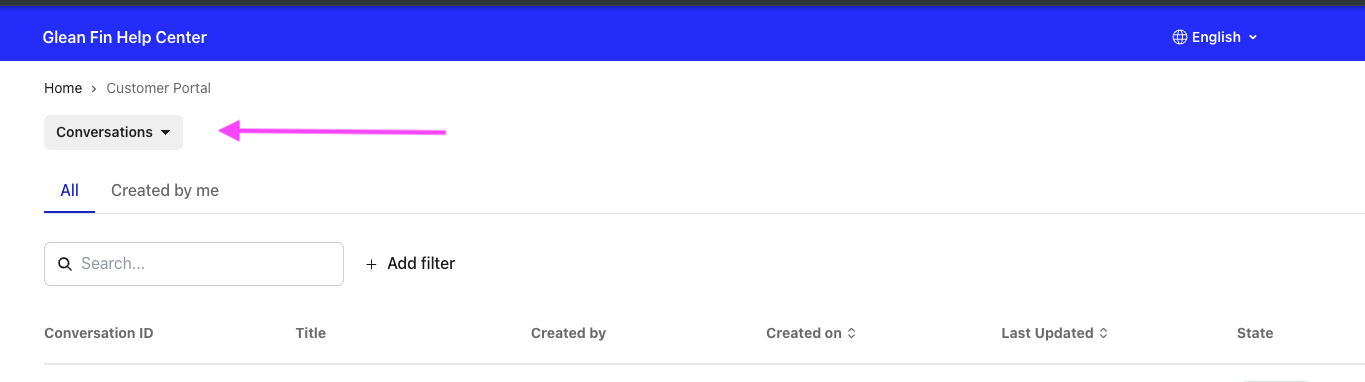 Customer portal with a dropdown to switch between Conversations and Tickets