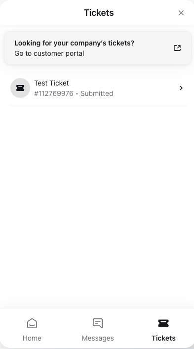 Tickets section showing the "Go to customer portal" banner at the top