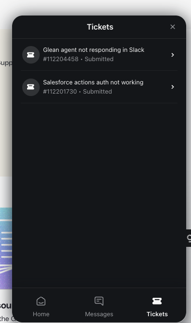 Tickets tab showing submitted support tickets