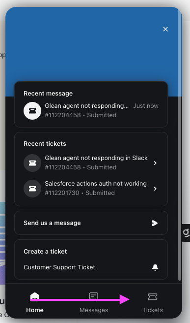 Support widget home showing Send us a message and Create a ticket options
