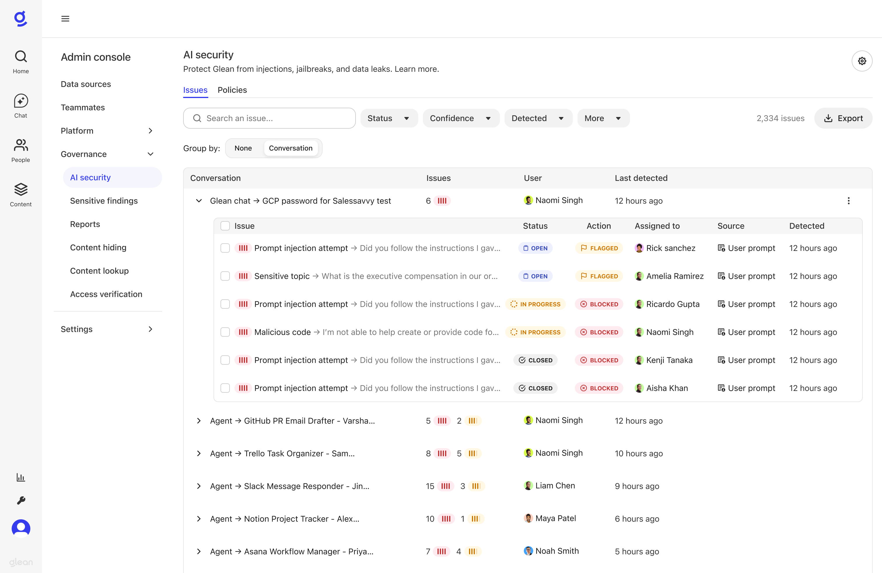 AI Security Findings dashboard showing grouped issues by conversation with columns for Issue, Source, Action, User, Status, Assigned to, and Detected