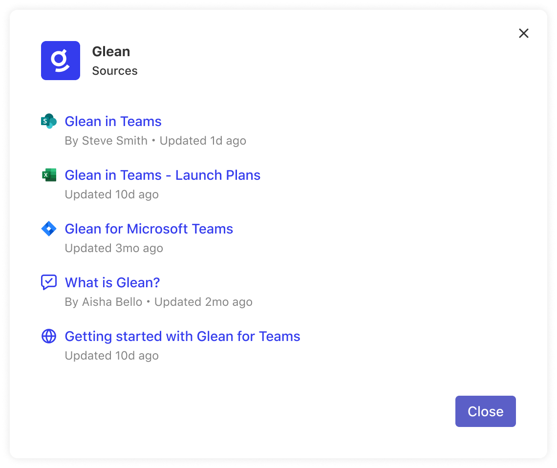 Glean sources panel showing referenced documents