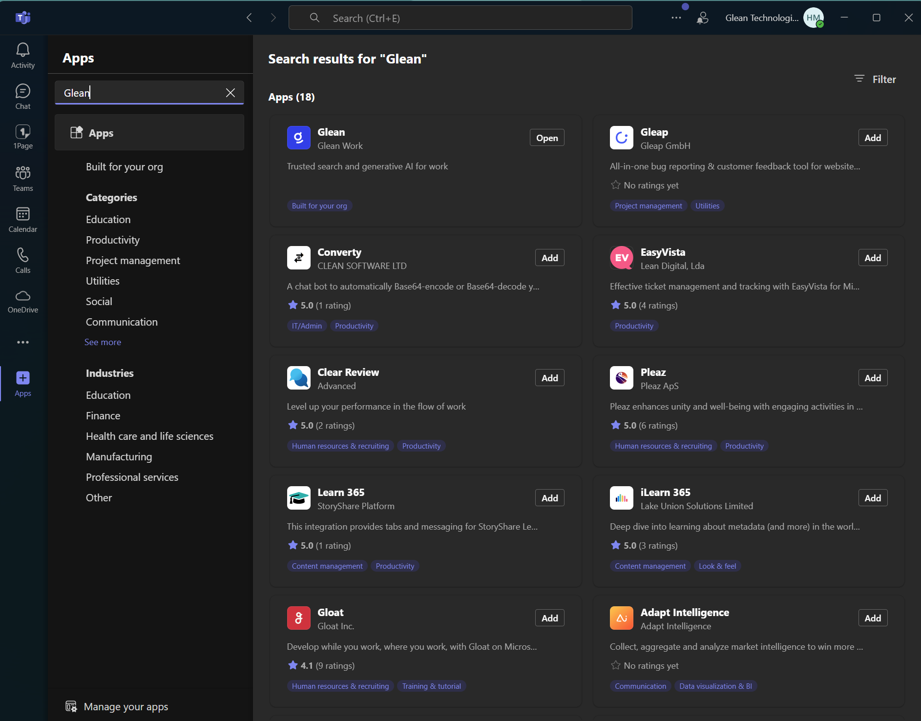 Search results for Glean in the Teams app store