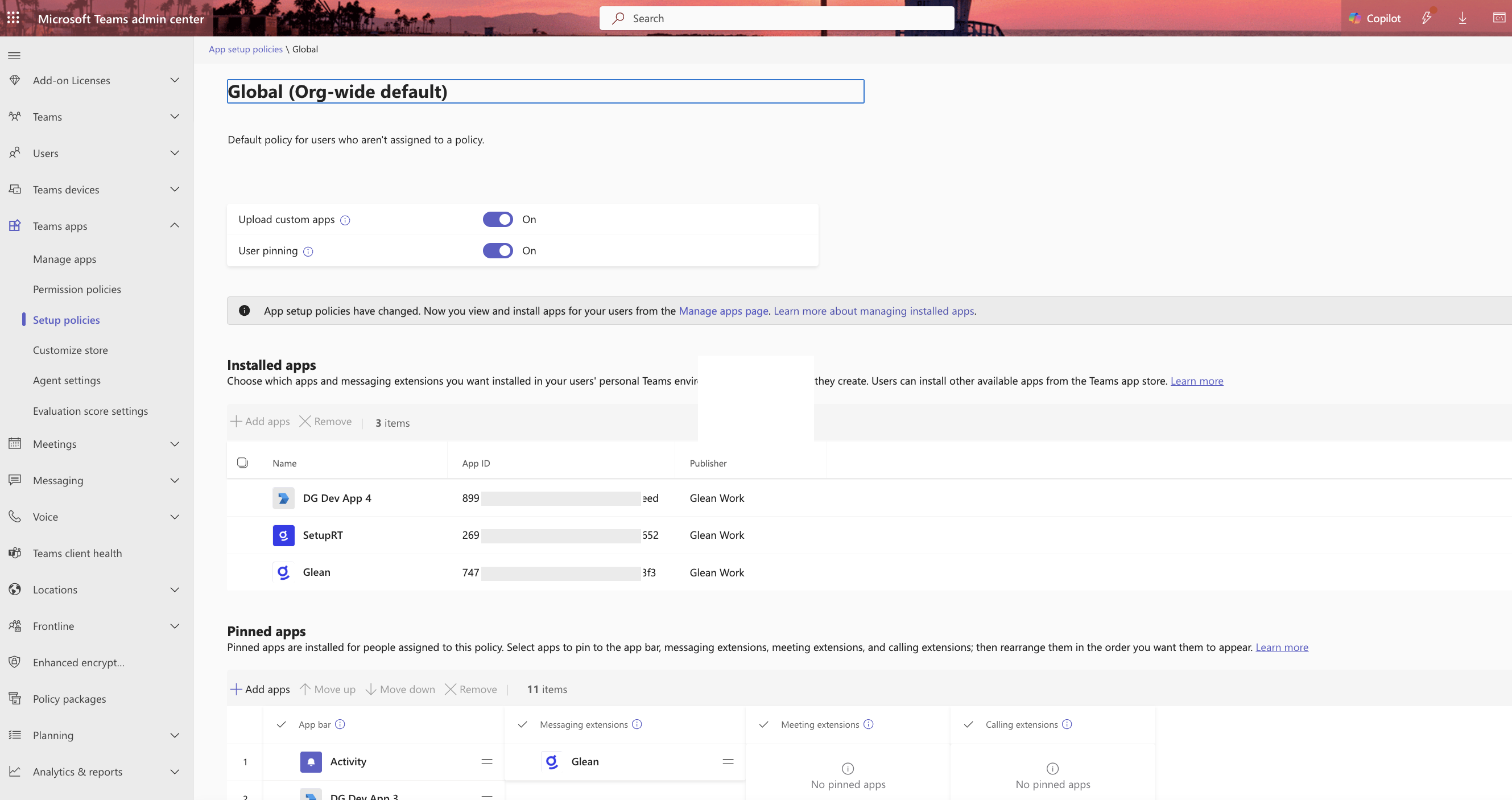Teams Admin Center — Installed apps in the selected policy