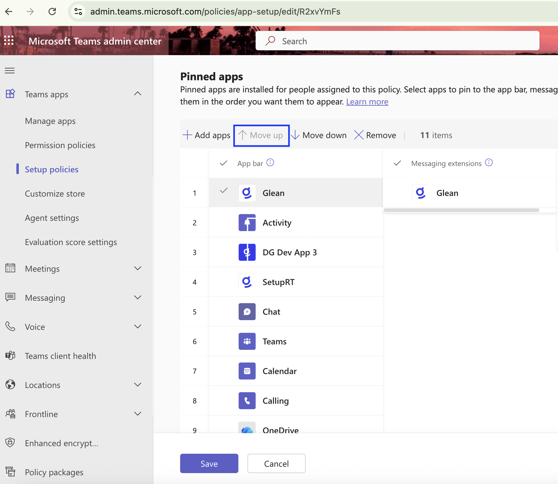 Teams Admin Center — Glean moved to the top of pinned apps