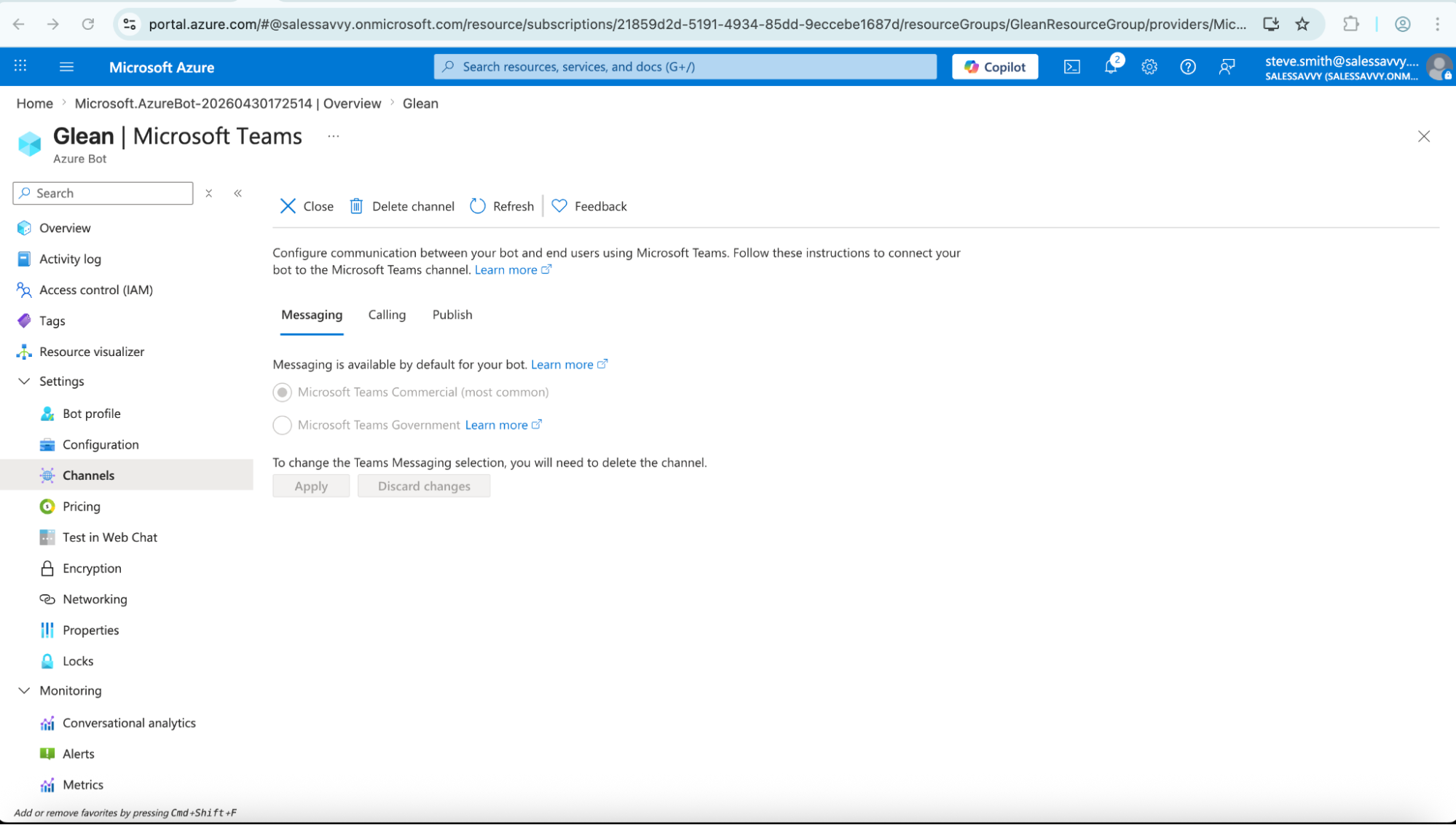 Azure Bot channels — Microsoft Teams configured