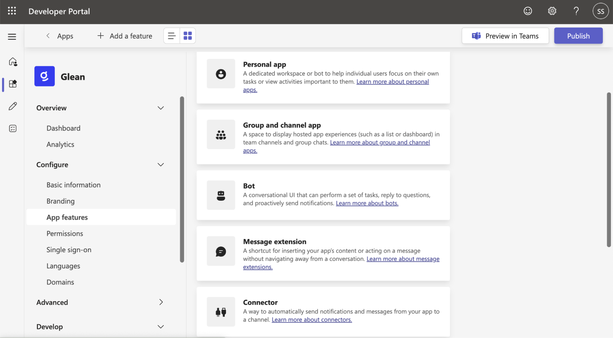 Teams Developer Portal — App features