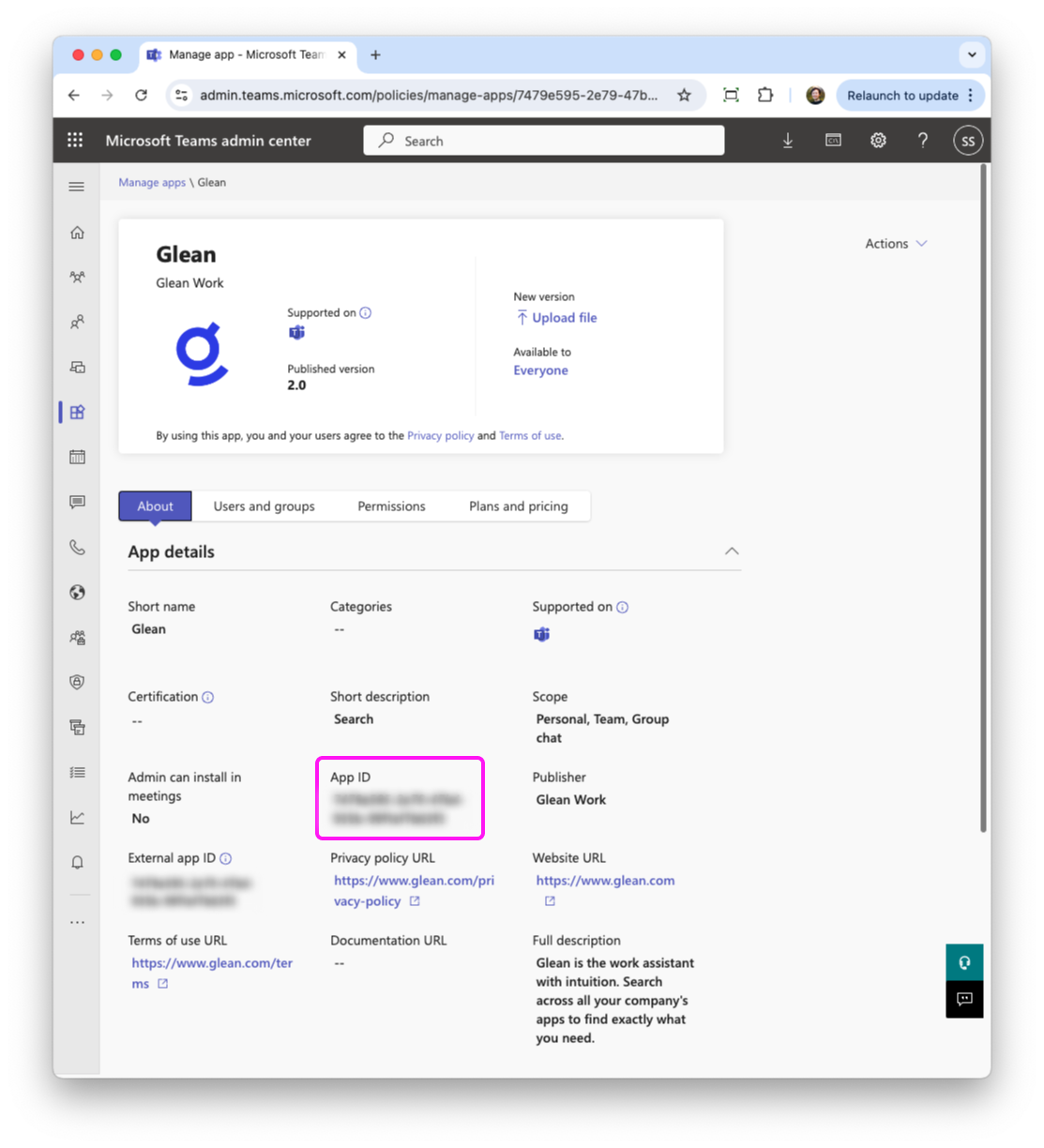 Teams Admin Center — Glean app page with App ID highlighted