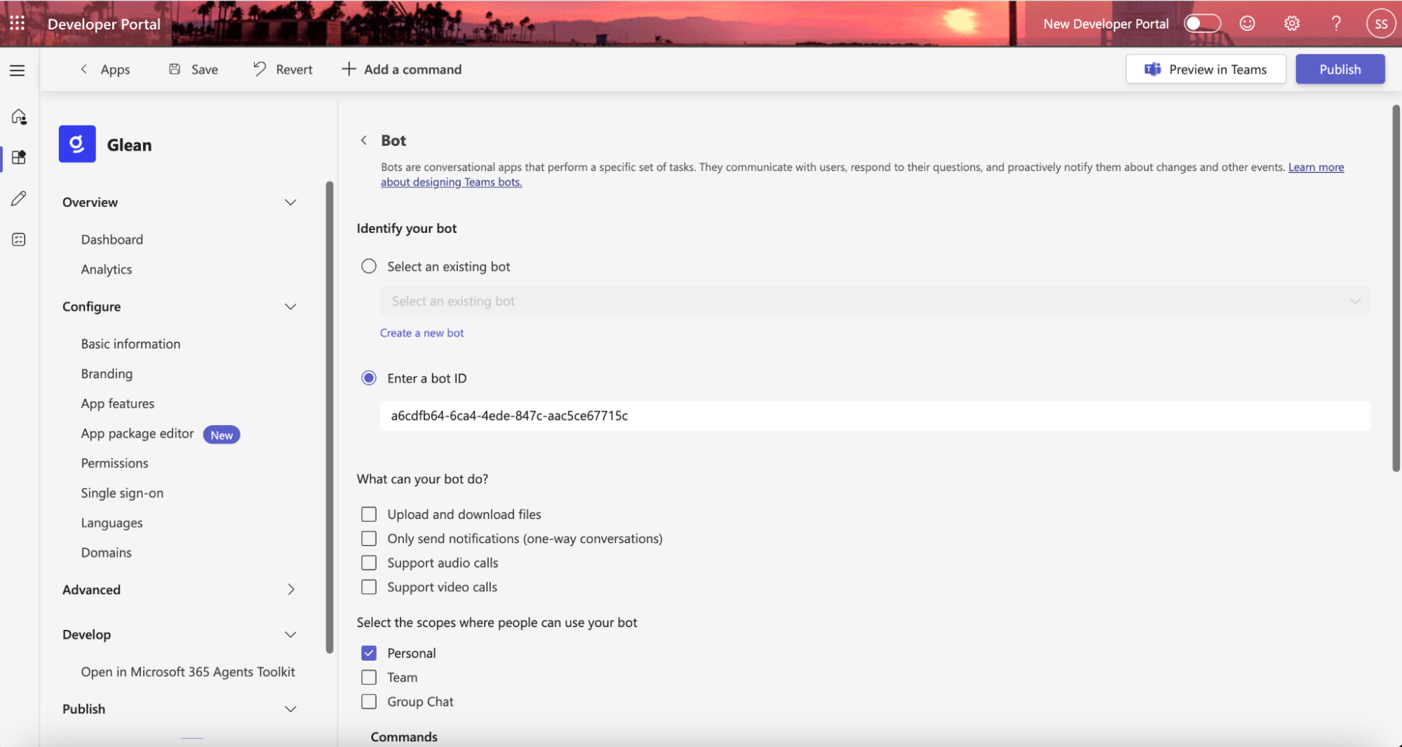 Teams Developer Portal — Bot configuration with Personal scope