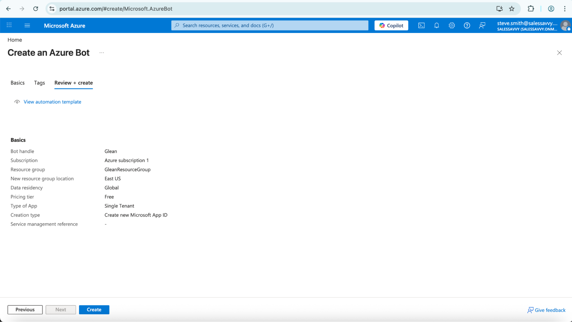 Create an Azure Bot — Review + create tab