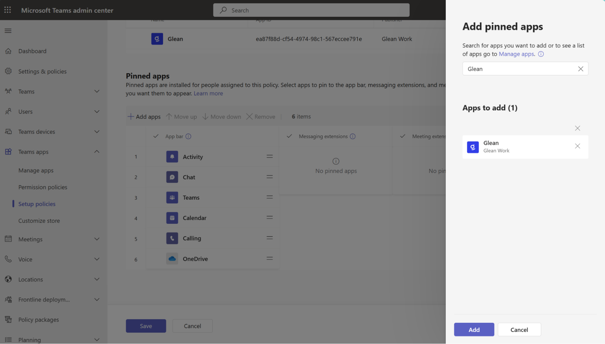 Teams Admin Center — Add Glean to pinned apps
