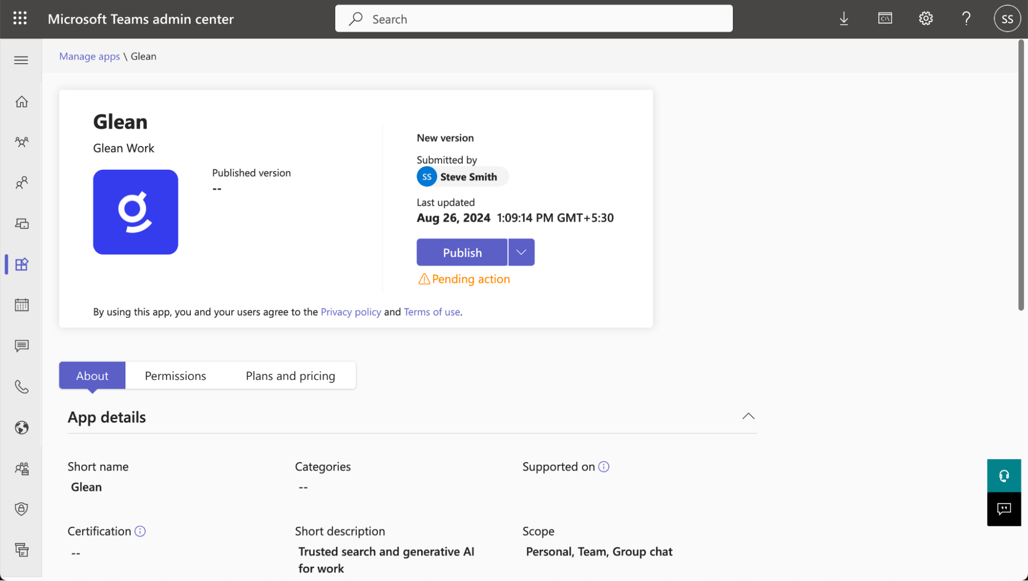 Teams Admin Center — Glean app pending action status