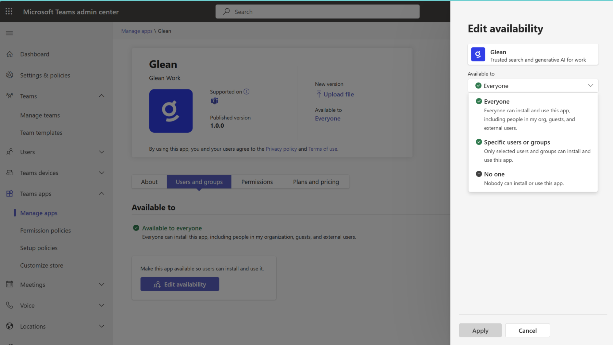 Teams Admin Center — Edit availability options
