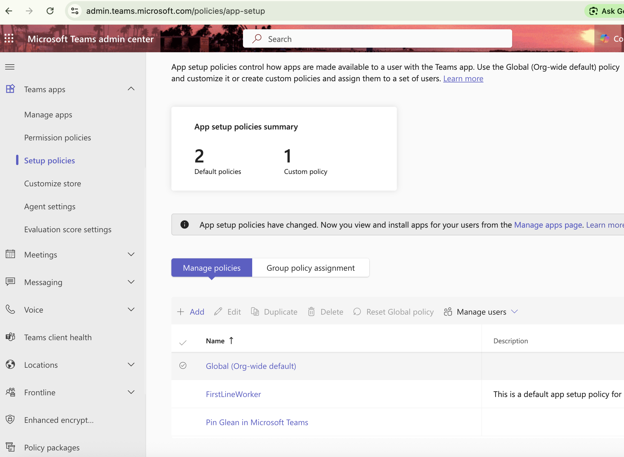 Teams Admin Center — App setup policies list