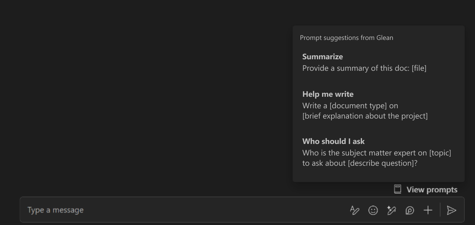 Prompt suggestions from Glean — Summarize, Help me write, Who should I ask