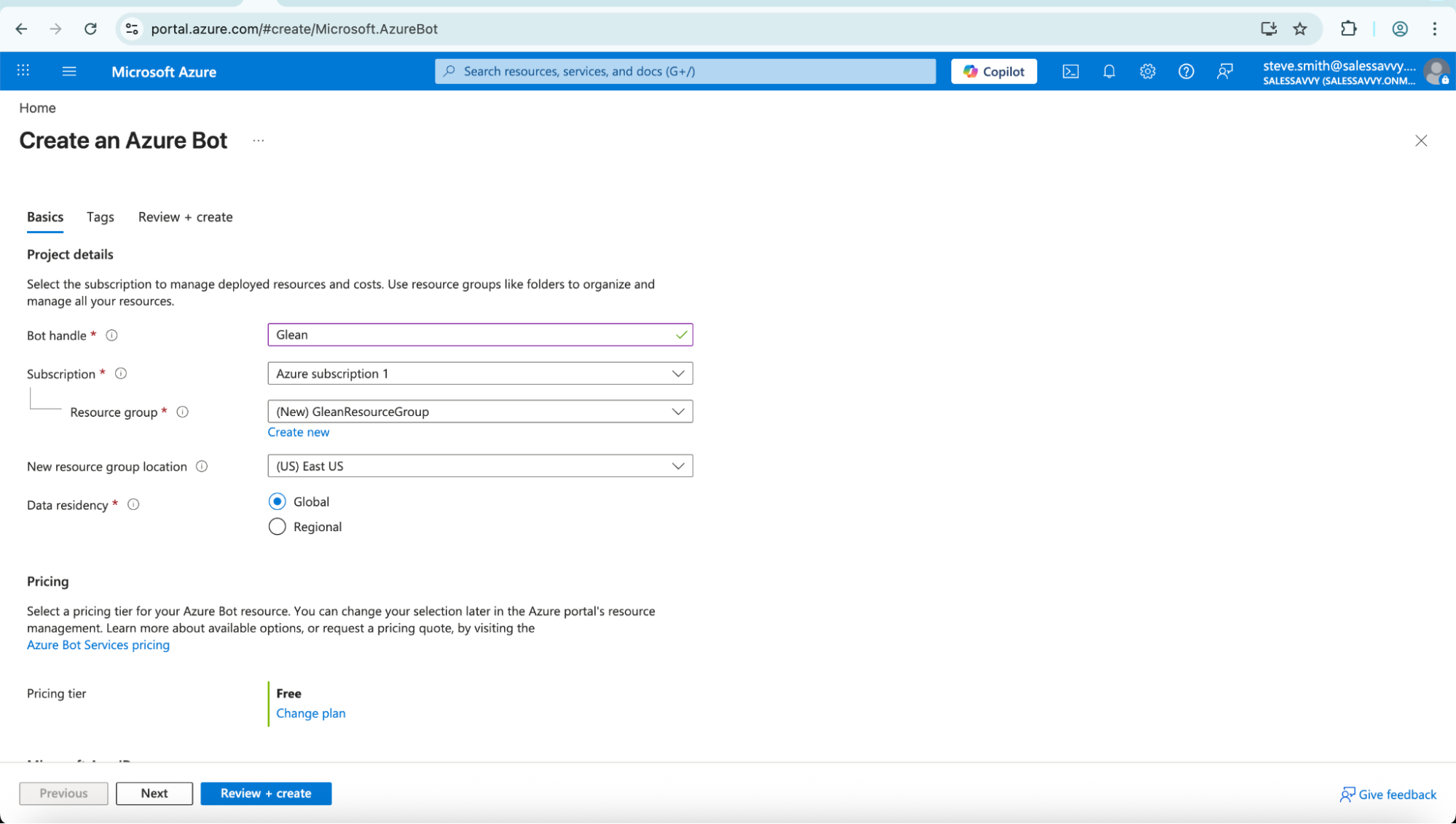 Create an Azure Bot — Basics tab