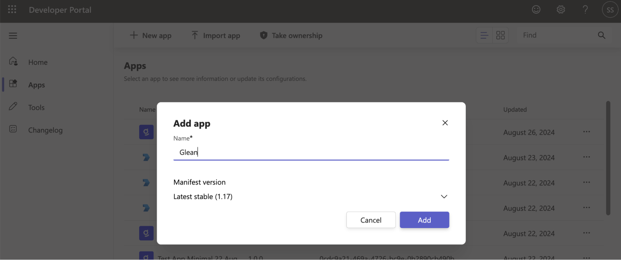 Teams Developer Portal — Add app dialog
