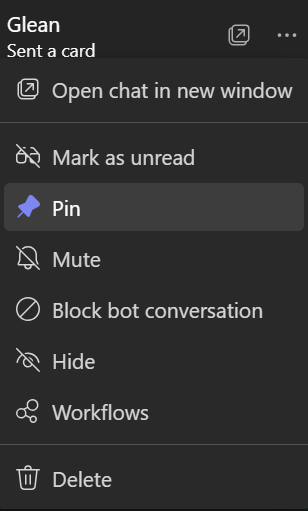 Glean pin option in the Teams app context menu