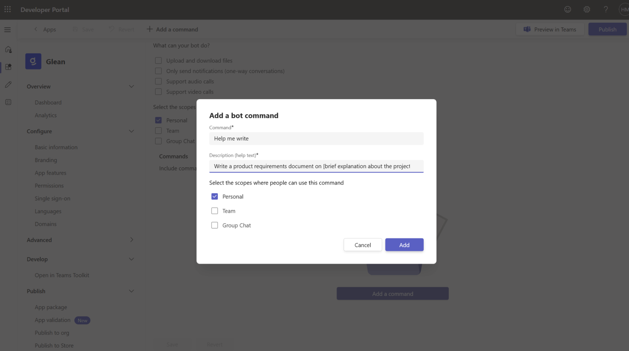 Teams Developer Portal — Add a bot command dialog