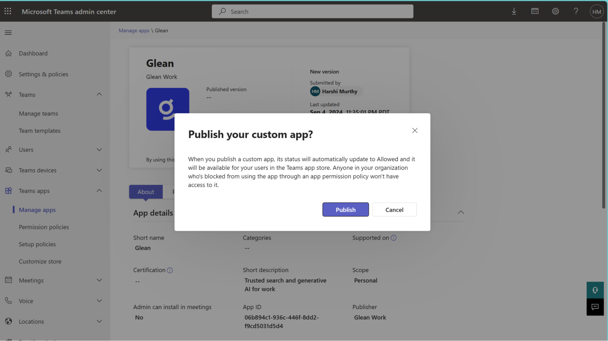 Teams Admin Center — Publish confirmation dialog