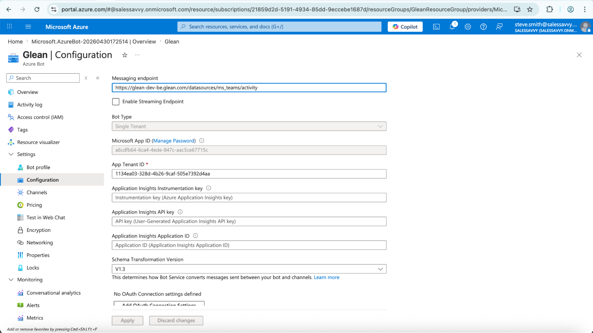 Azure Bot configuration — messaging endpoint