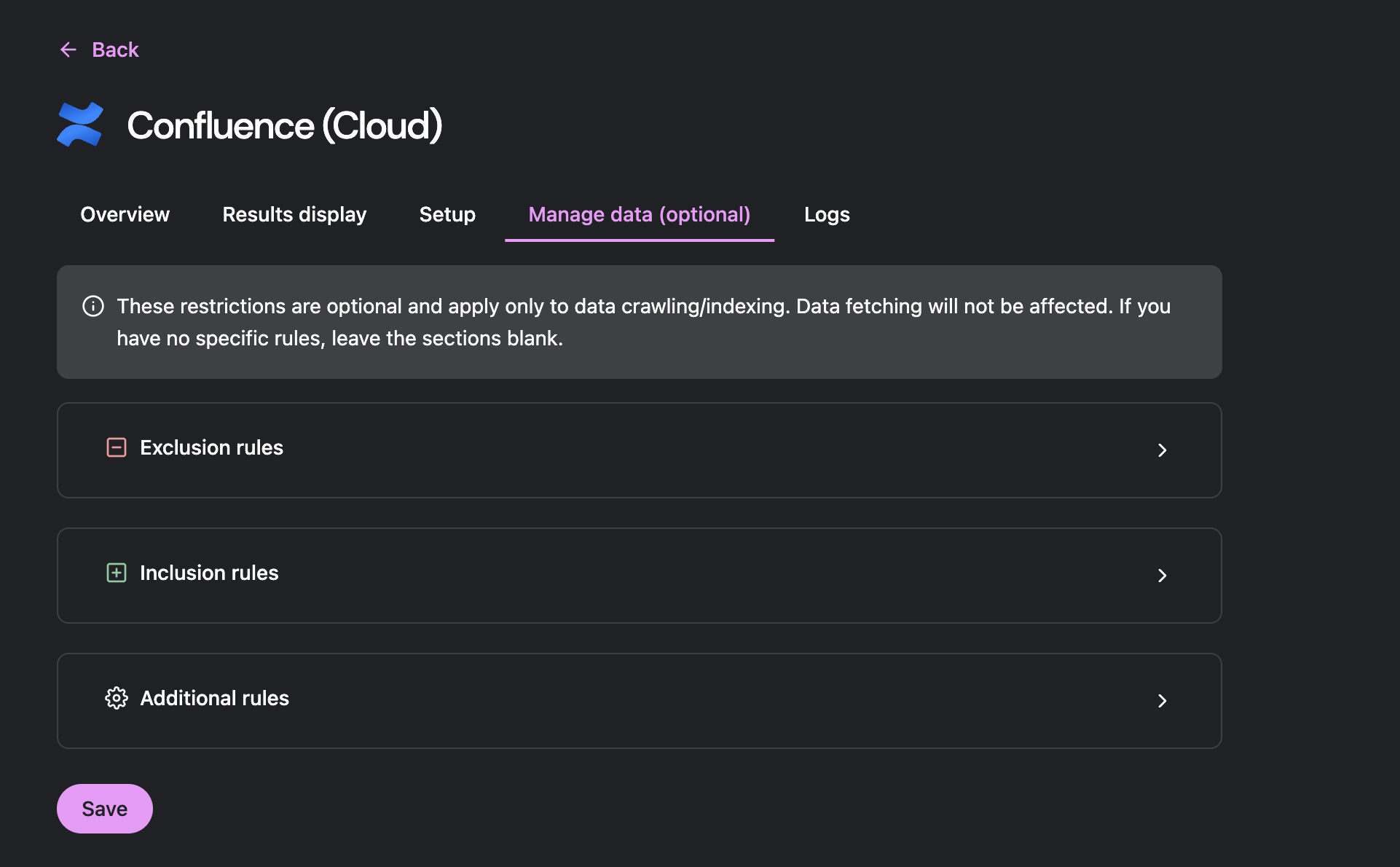 Manage data tab showing inclusion and exclusion rules