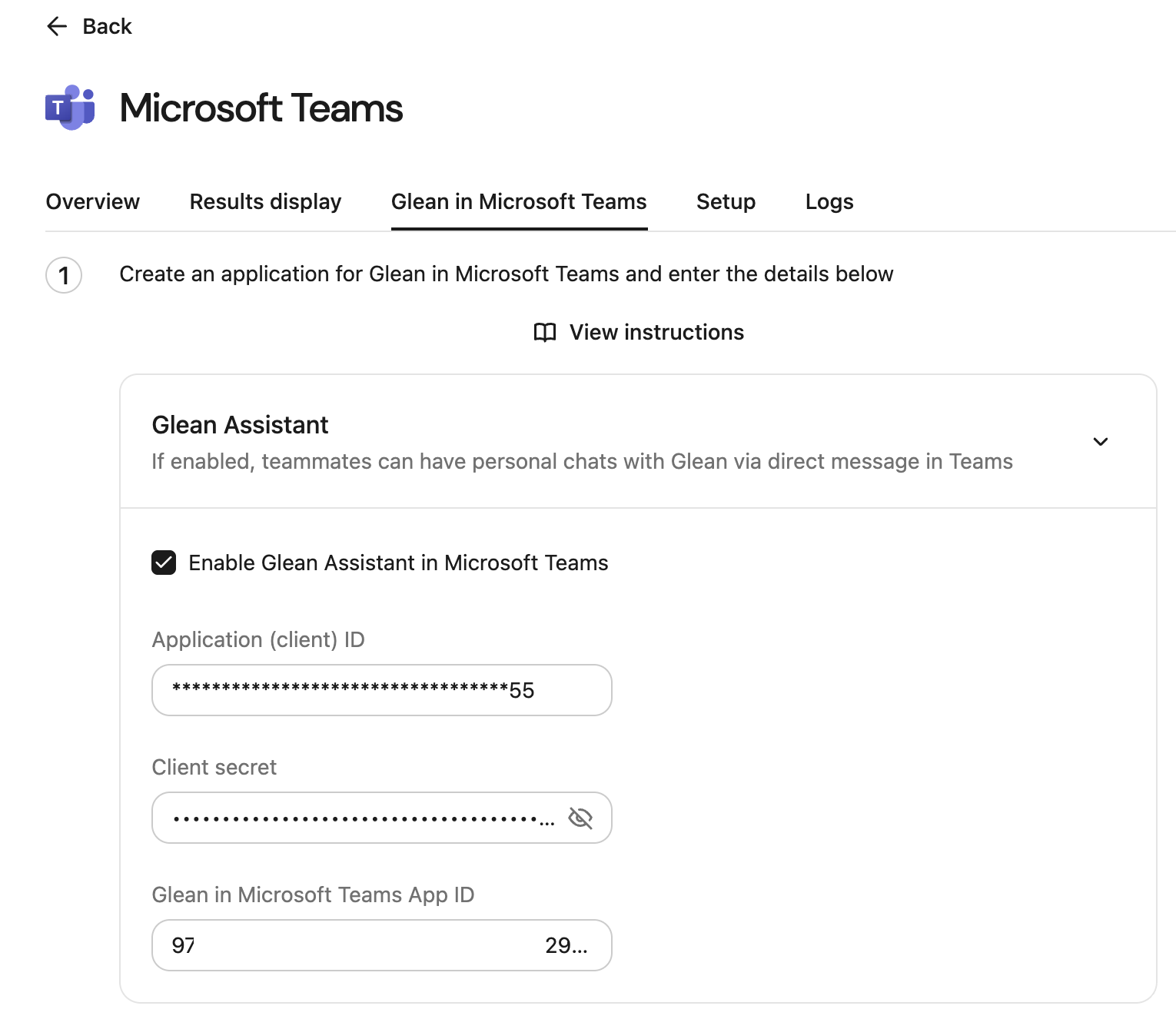 Glean Admin Console — Glean in Microsoft Teams fields