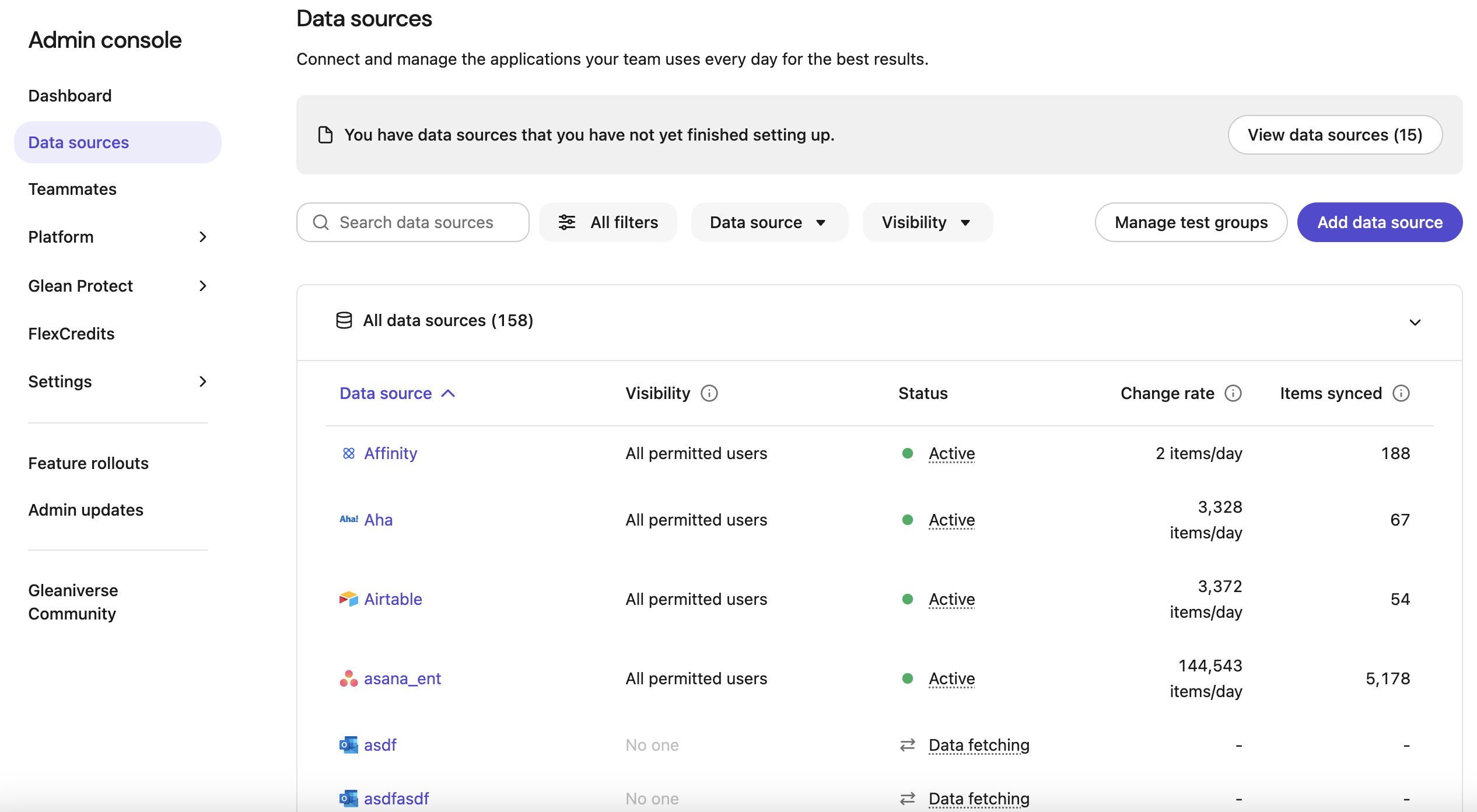 Data sources page during initial sync