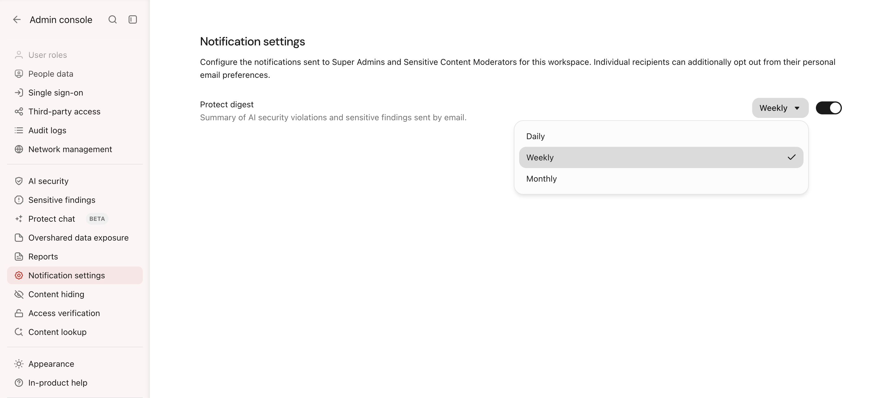 Protect notification settings in the Admin console showing the digest toggle and Daily, Weekly, and Monthly frequency options