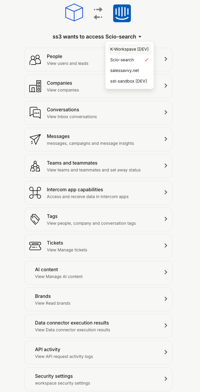 Choose the correct workspace to authorize Intercom