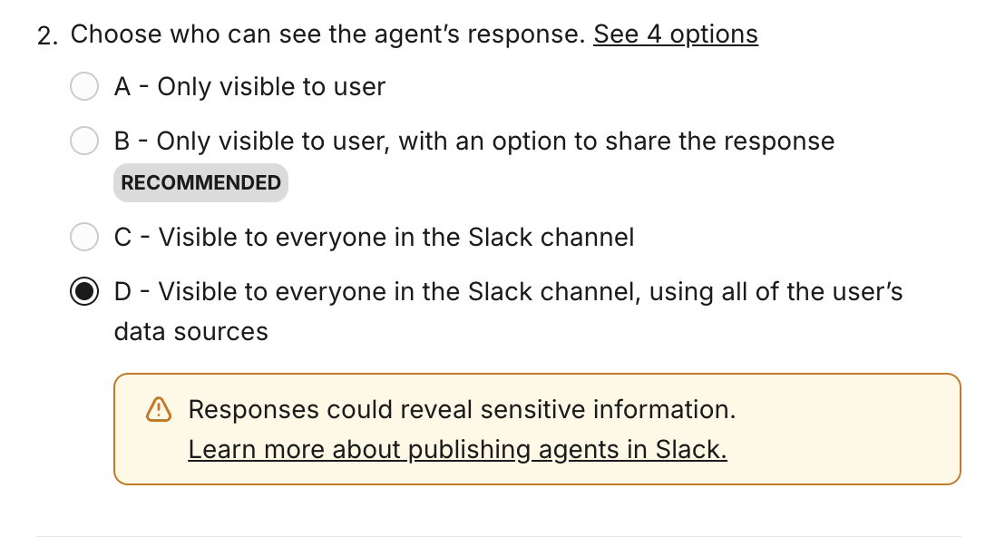 Option D selected with a warning that responses could reveal sensitive information