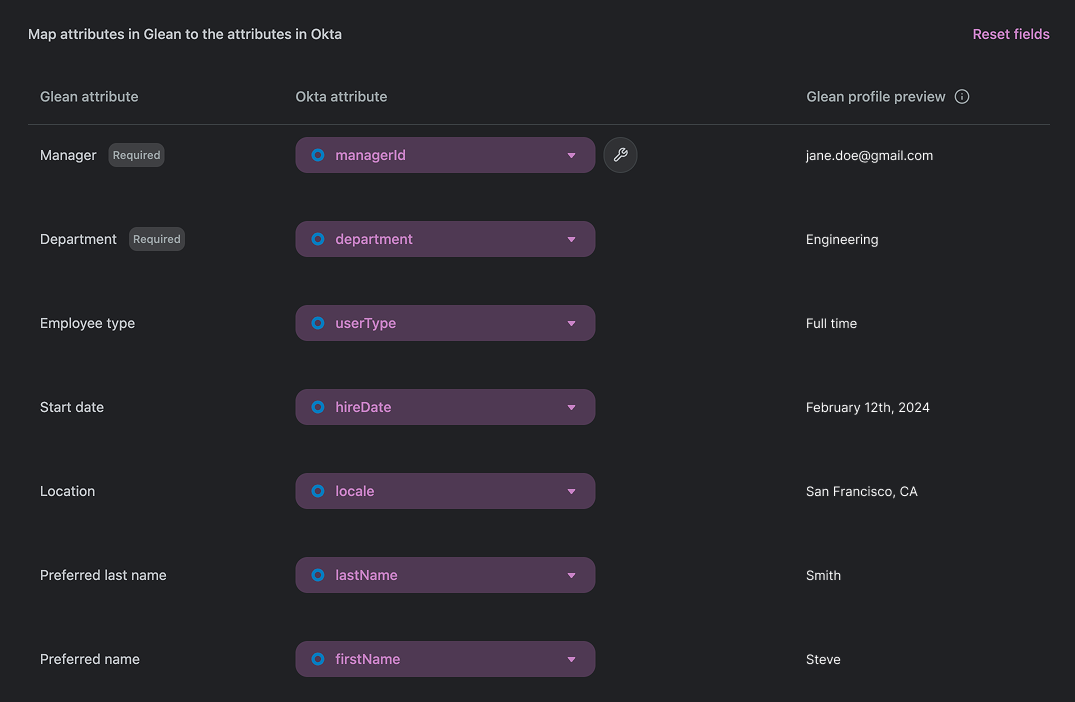 Attribute mapping table for Okta