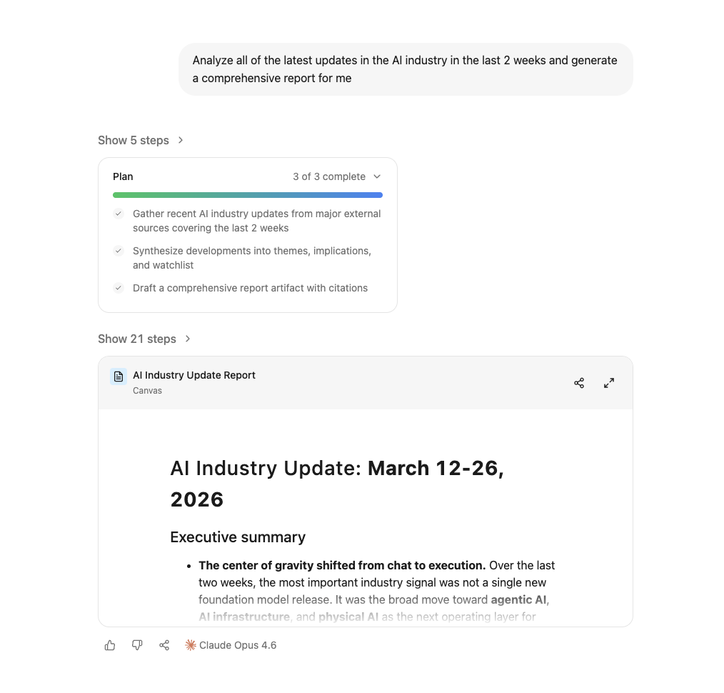 A screenshot of a document titled 'AI Industry Update: March 12-26, 2026', which includes an executive summary highlighting a shift in the AI industry towards execution, agentic AI, AI infrastructure, and physical AI. The document is part of a larger workflow, indicated by 'Plan 3 of 3 complete'.
