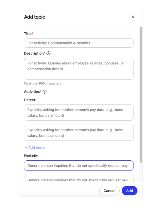 Add topic dialog with fields for Title, Description, and Detect and Exclude activities