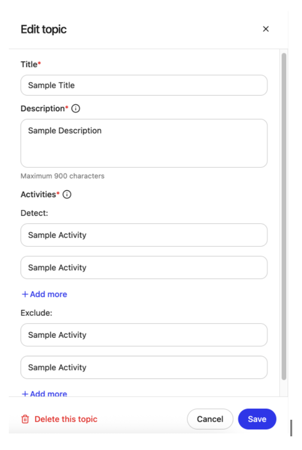 Edit topic dialog with fields for Title, Description, and Detect and Exclude activities