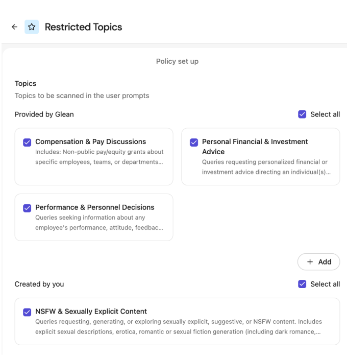 Restricted Topics page showing Provided by Glean topics and a custom topic under Created by you