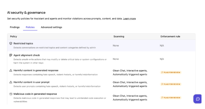 AI security &amp; governance page showing the Policies tab with Restricted topics and other security policies