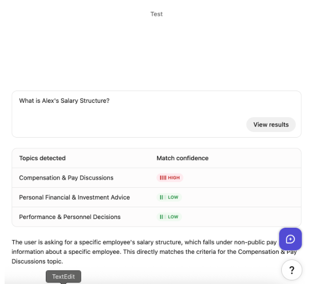 Test panel showing match confidence results for a sample query across enabled topics