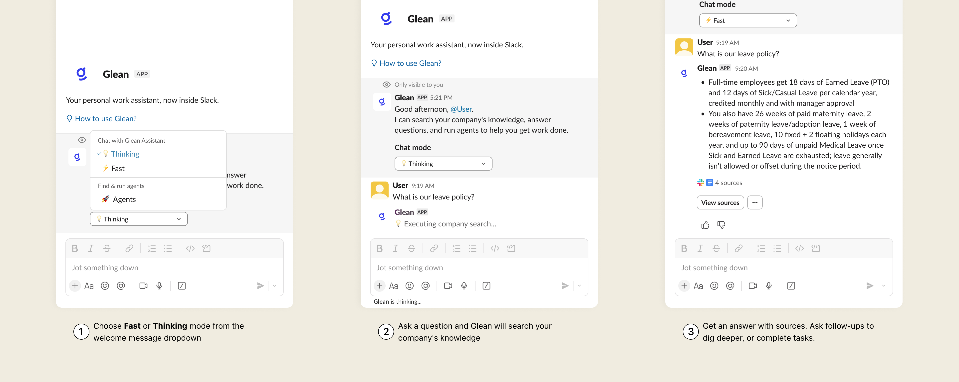 Select an agent and mode in the Glean sidebar