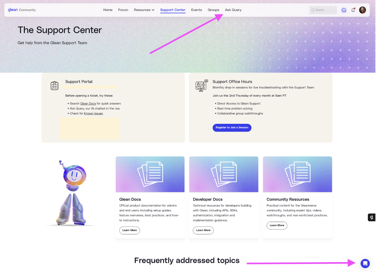 The Support Center page on Gleaniverse, with arrows highlighting Ask Query in the navigation bar and the support widget in the bottom-right corner