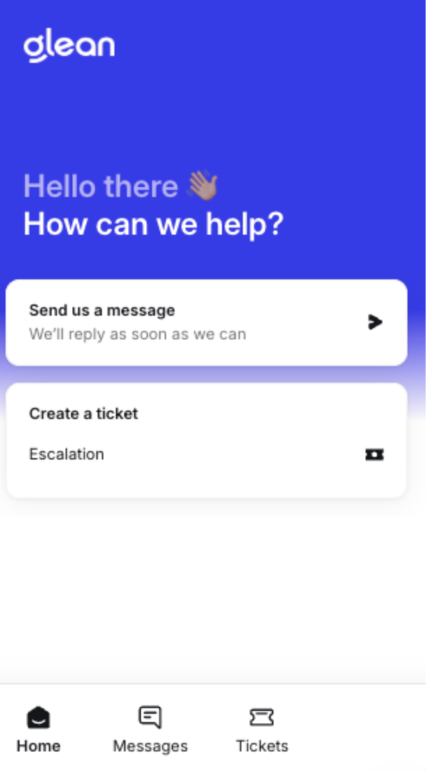 Support widget home showing Send us a message and Create a ticket options